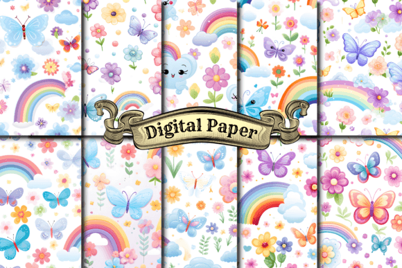 Download Butterflies Rainbows Digital Paper Pack - Rainbows digital paper Collection